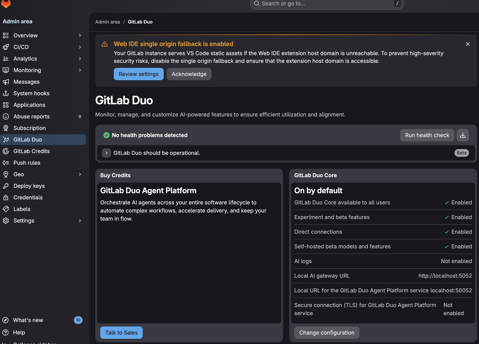 GitLab Duo overview with health check