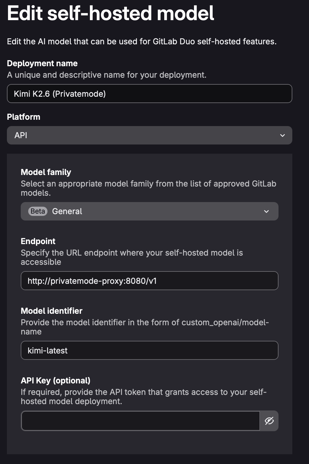 GitLab form for adding a self-hosted model