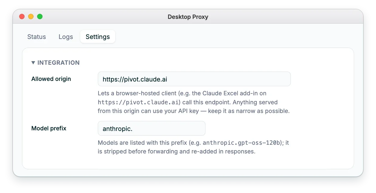 The Integration settings of Desktop Proxy with the allowed origin https://pivot.claude.ai and the model prefix anthropic.