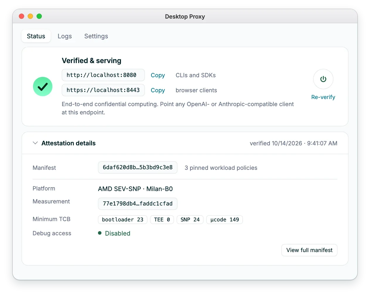 Desktop Proxy showing "Verified & serving" and its two local addresses