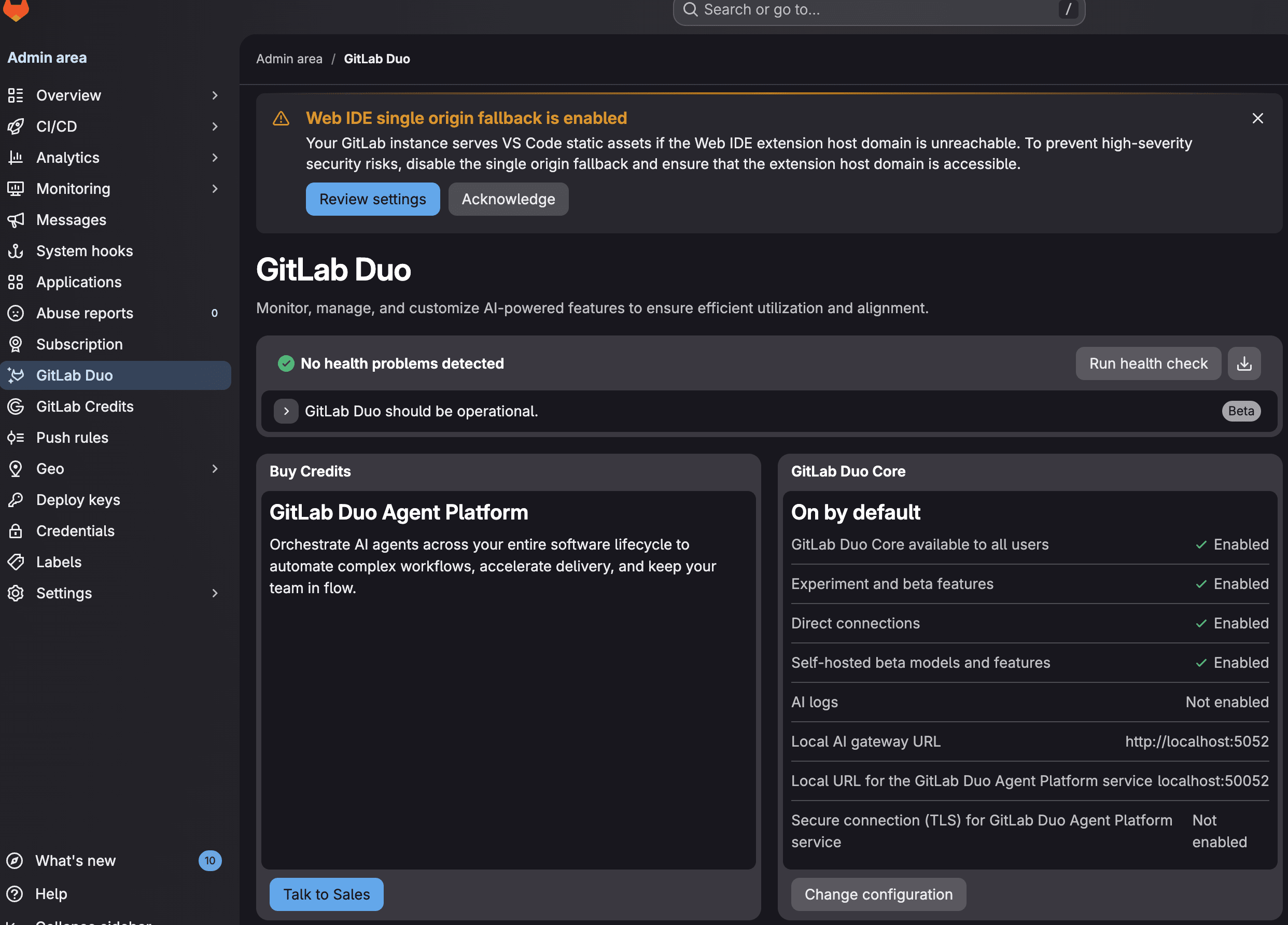 GitLab Duo overview with health check