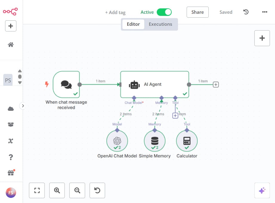 An n8n AI Agent workflow whose chat model node is connected to Privatemode