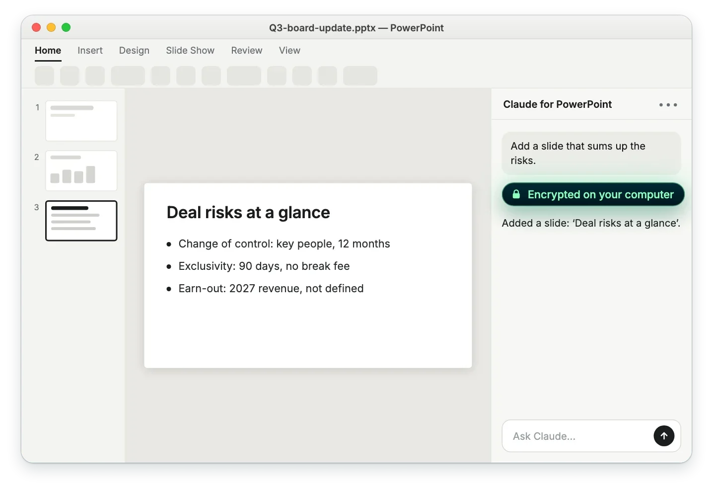 Illustration: Claude for PowerPoint adds a slide that sums up the risks, with the message encrypted on your computer