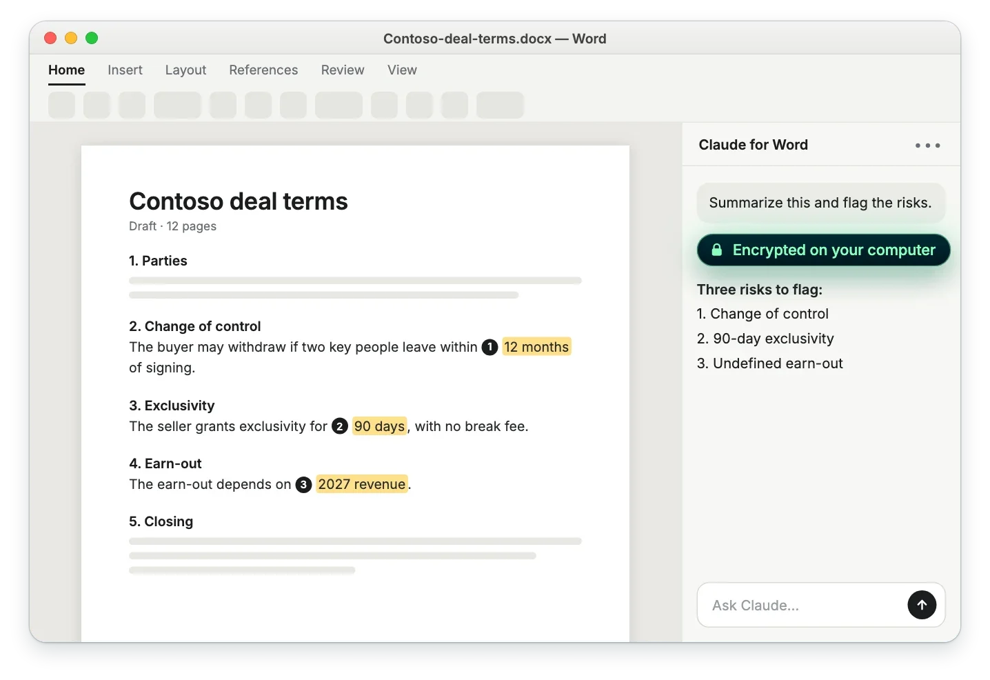 Illustration: Claude for Word summarizes a contract and flags three risks, with the message encrypted on your computer