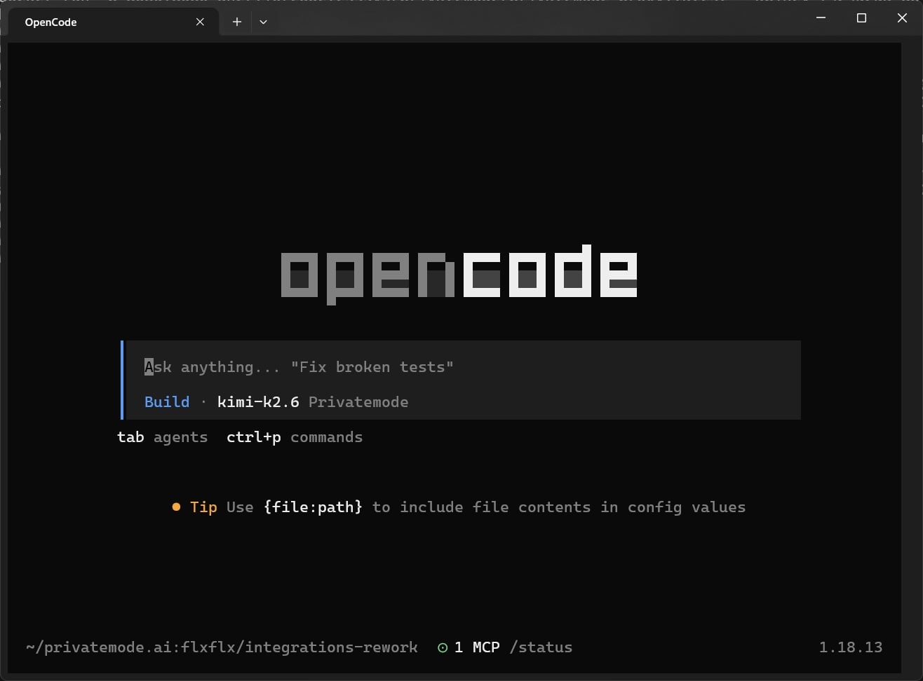 OpenCode running in a terminal with Privatemode as the AI provider