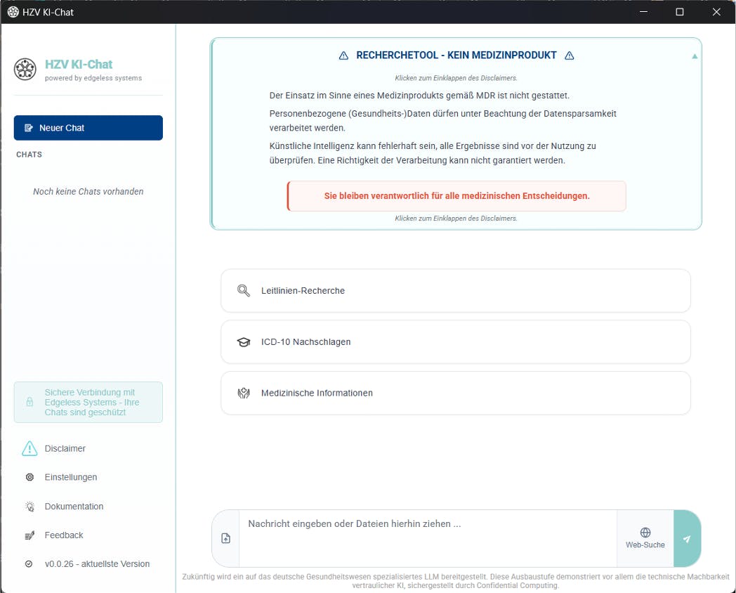 Screenshot of the HZV AI Chat interface, the privacy-compliant AI chat for GP practice staff