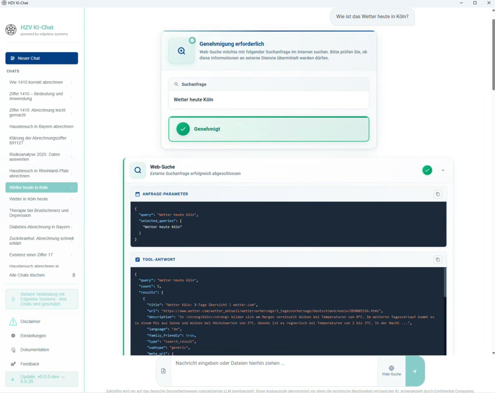 Screenshot of the HZV AI Chat interface showing AI request parameters and tool responses for transparency